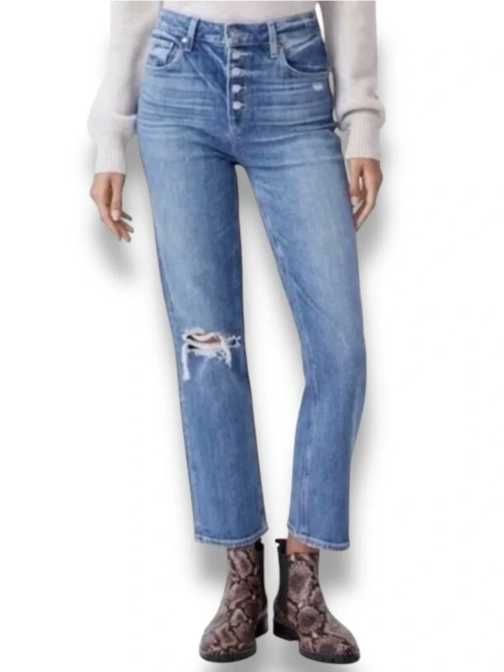 Paige Sarah Straight Ankle Jean Corinne Destructed High Rise Ripped Knee Size 25